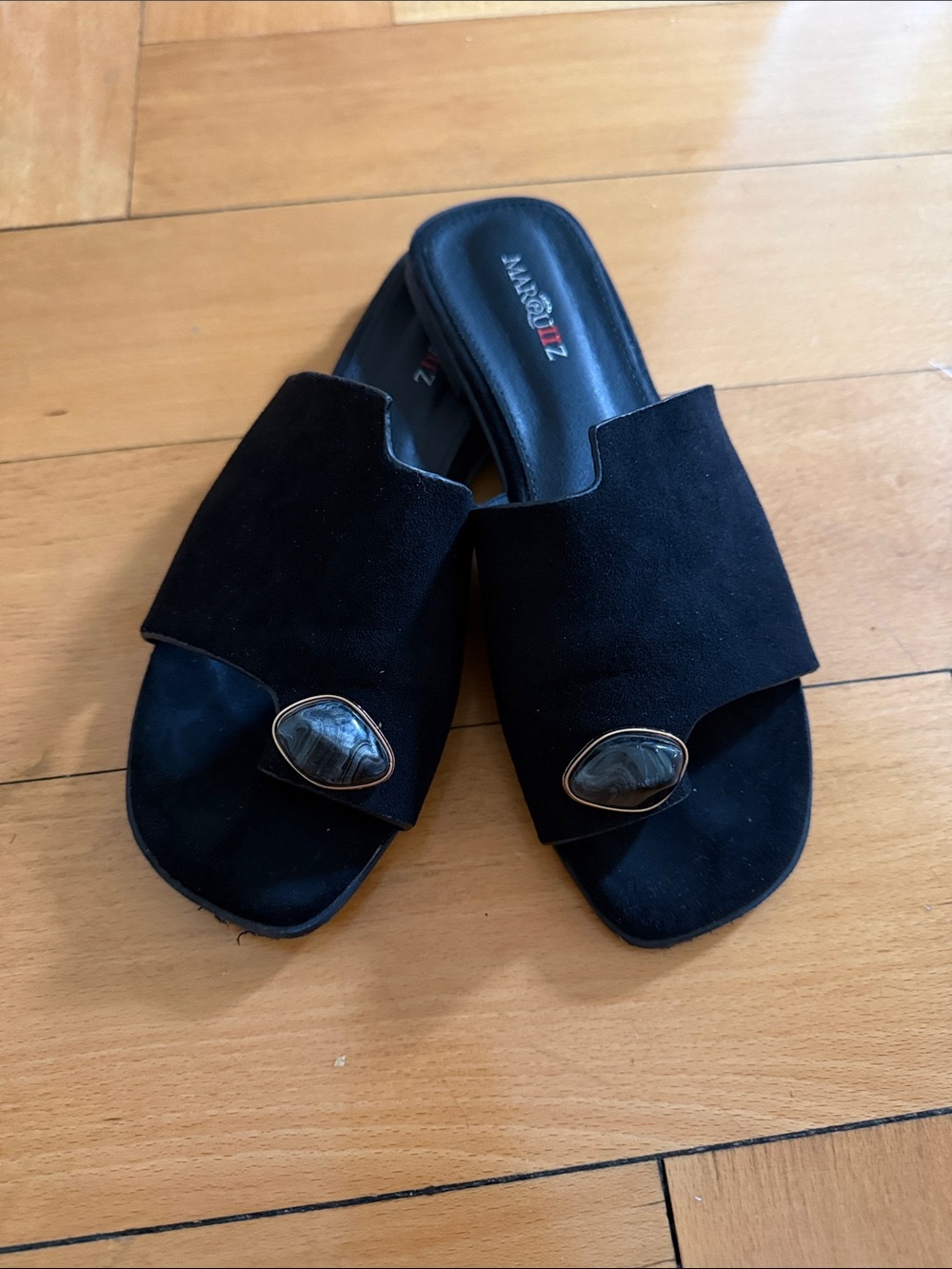 Black Faux Suede Slide Sandals with Stone Accent